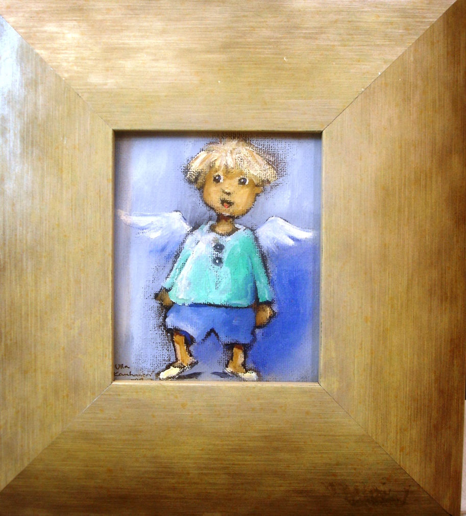 Enkelipoika, 180,- (8x10cm) Taulu sisältää kehyksen! Osta kotimaista taidetta edullisesti Ulla Kauhanen, lahjaideoita, lahja valmistuvalle, syntymäpäivälahja, taulu lahjaksi, ullakauhanen.fi