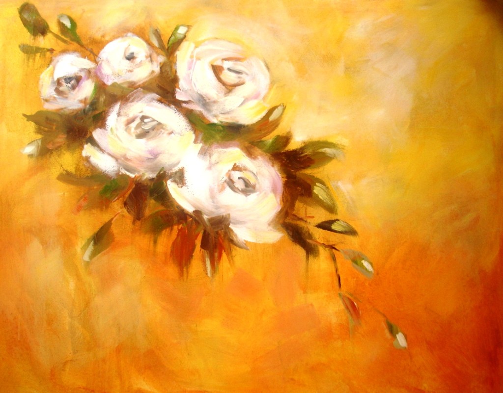 Valkoiset ruusut, 650,- tai 65,-kk (90x110cm) Osta kotimaista taidetta edullisesti Ulla Kauhanen, lahjaideoita, lahja valmistuvalle, syntymäpäivälahja, taulu lahjaksi, ullakauhanen.fi